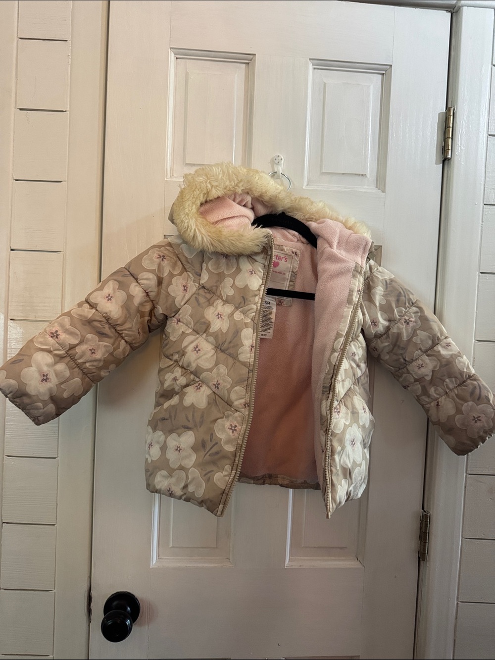 Carter's Beige Floral Puffer Jacket with Faux Fur Hood